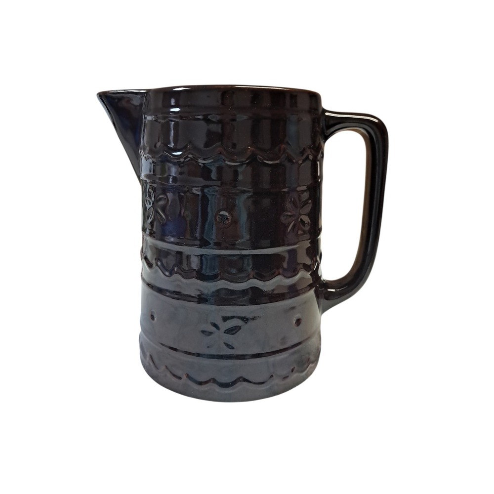 Vintage Marcrest Stoneware Ovenware Pitcher Daisy Dot Dark Brown Glaze 8" Tall
